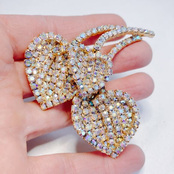 VTG Aurora Borealis Heart Leaf Brooch, Sparkly Dimensional Rhinestones, 1950s - Picture 8 of 12